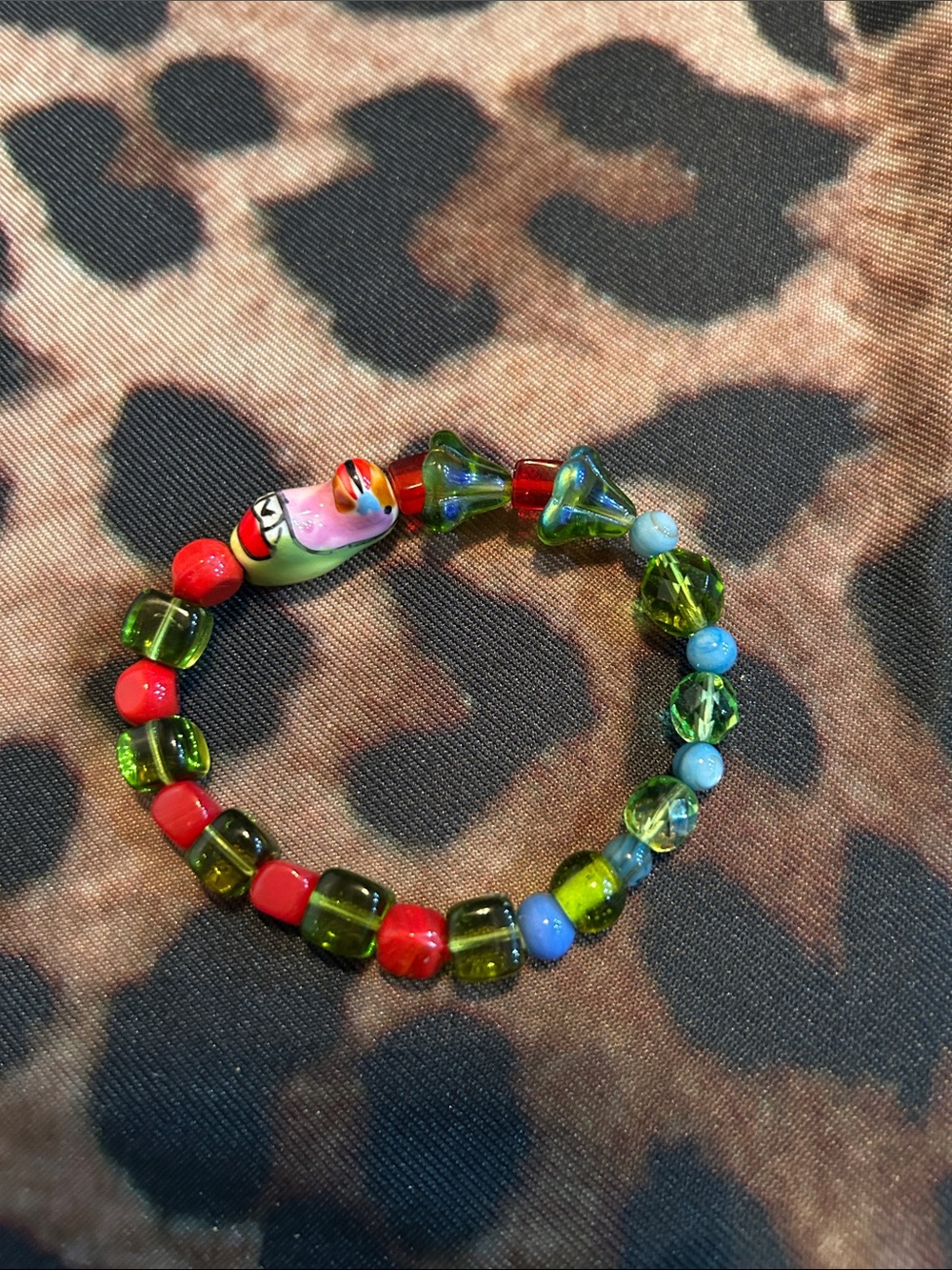 Hand Crafted Multicolor Glass Beaded Bracelet - Red, Green, Blue